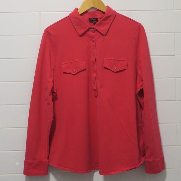 TALBOTS POLO SHIRT sz 2X hot pink collar button pockets long sleeve spring knit - Picture 1 of 7